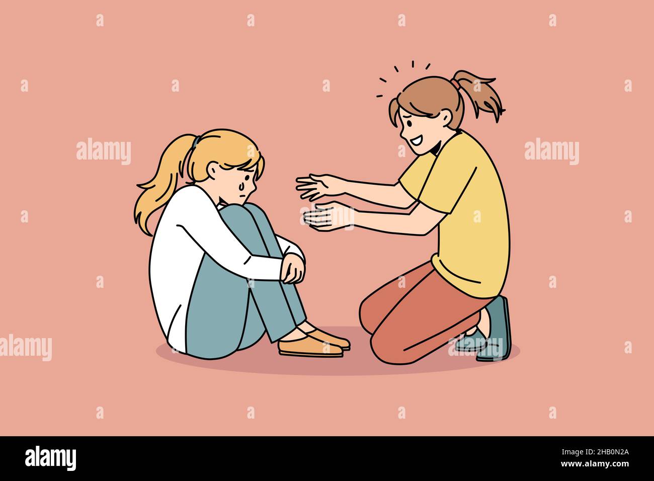 Empathy and support friend concept. Smiling small girl sitting trying to comfort her crying sad depressed friend sitting embracing heels vector illustration  Stock Vector