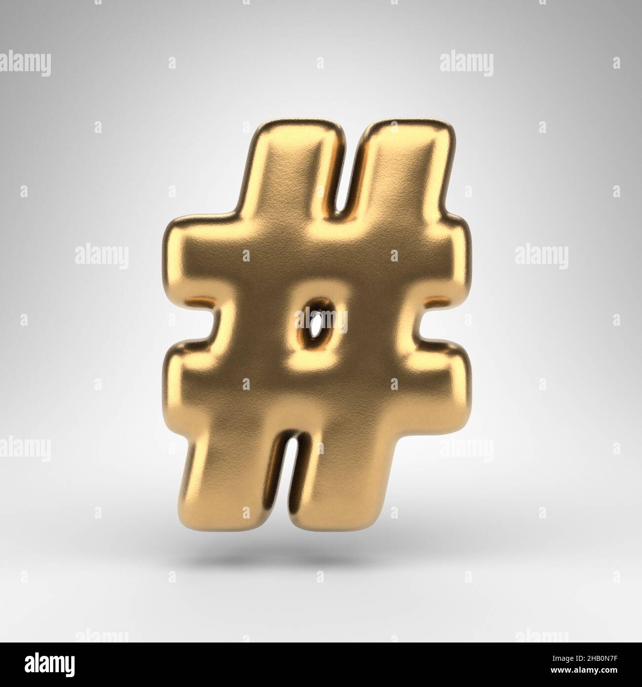 Hashtag symbol on white background. Golden 3D rendered sign with gloss metal texture. Stock Photo