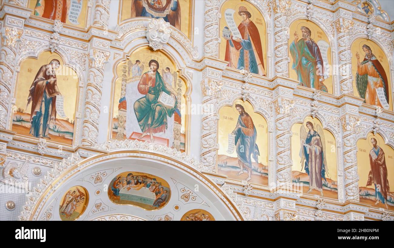 The Iconostasis inside an orthodox church. Video. Bottom view of the ...