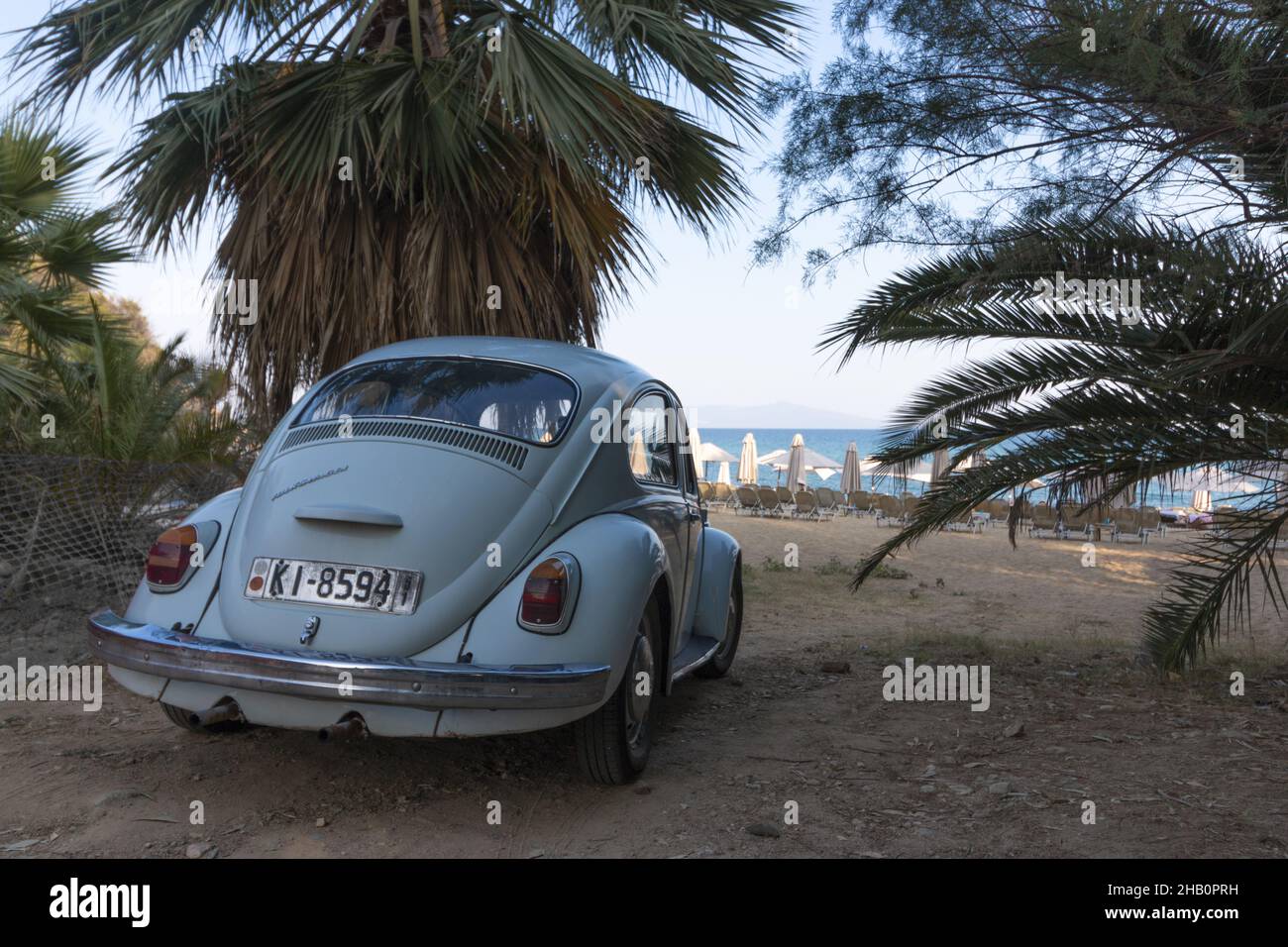 KAVALA, GREECE Sep 02, 2018 A retro Volkswagen car near the Almyra
