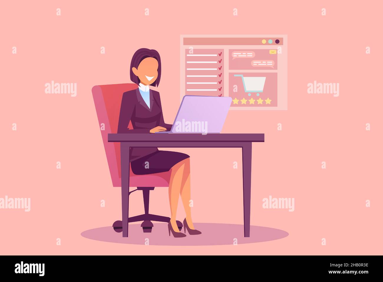 Vector of a happy woman sitting at desk making online order and writing a product review Stock Vector