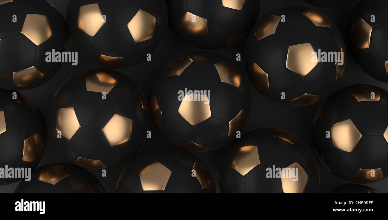 Banner with black and gold soccer balls. Black elegant background. The  concept of sports - football. 3D Render Stock Photo - Alamy