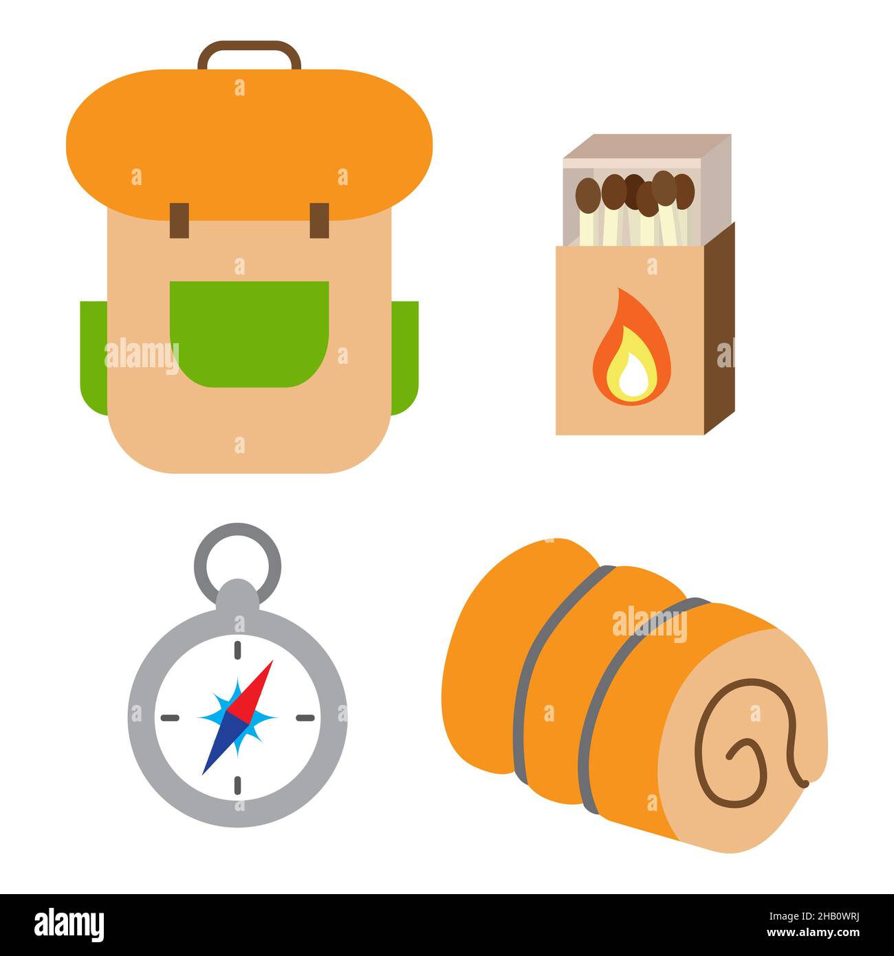 Set of touristic and camping equipment. Compass, backpack, matches box and sleeping bag. Things for active vacations. Luggage icons for travel, journe Stock Vector