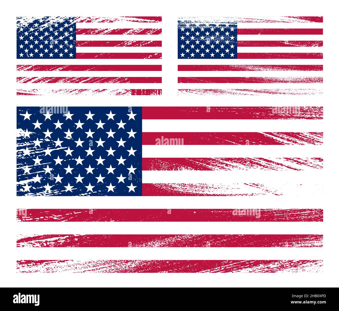 set of American flag chalk scratch paint grunge textures on white background. Texture of old poster back with us flag. Vector Stock Vector