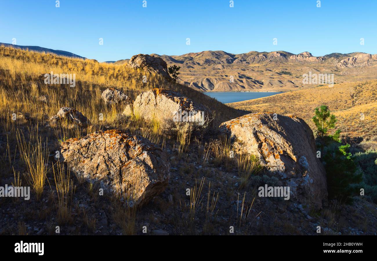 Arid landscape  with boulders, grasses, and foothills of the Rockies under blue sky near Cody, Wyoming, USA. Stock Photo
