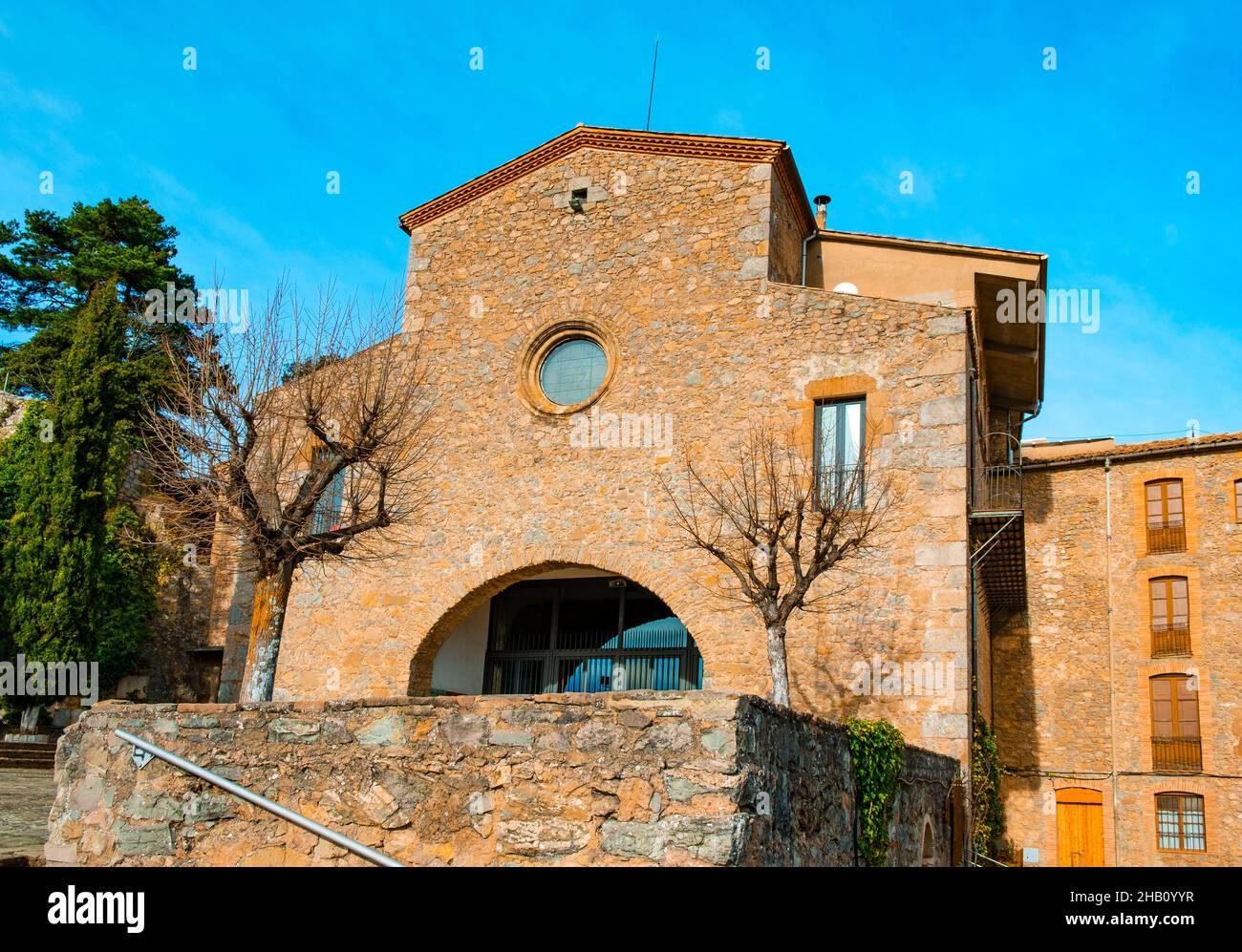 a view of the facade of the Mare de Deu de Queralt Shrine, in Berga, Catalonia, Spain Stock Photo