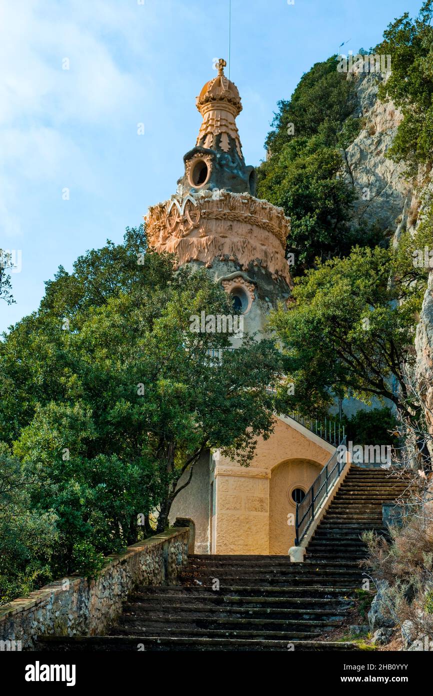 a view from above of the Cova de la Trovalla Shrine, in Berga, Catalonia, Spain, at the top of the Serra de Queralt mountain Stock Photo