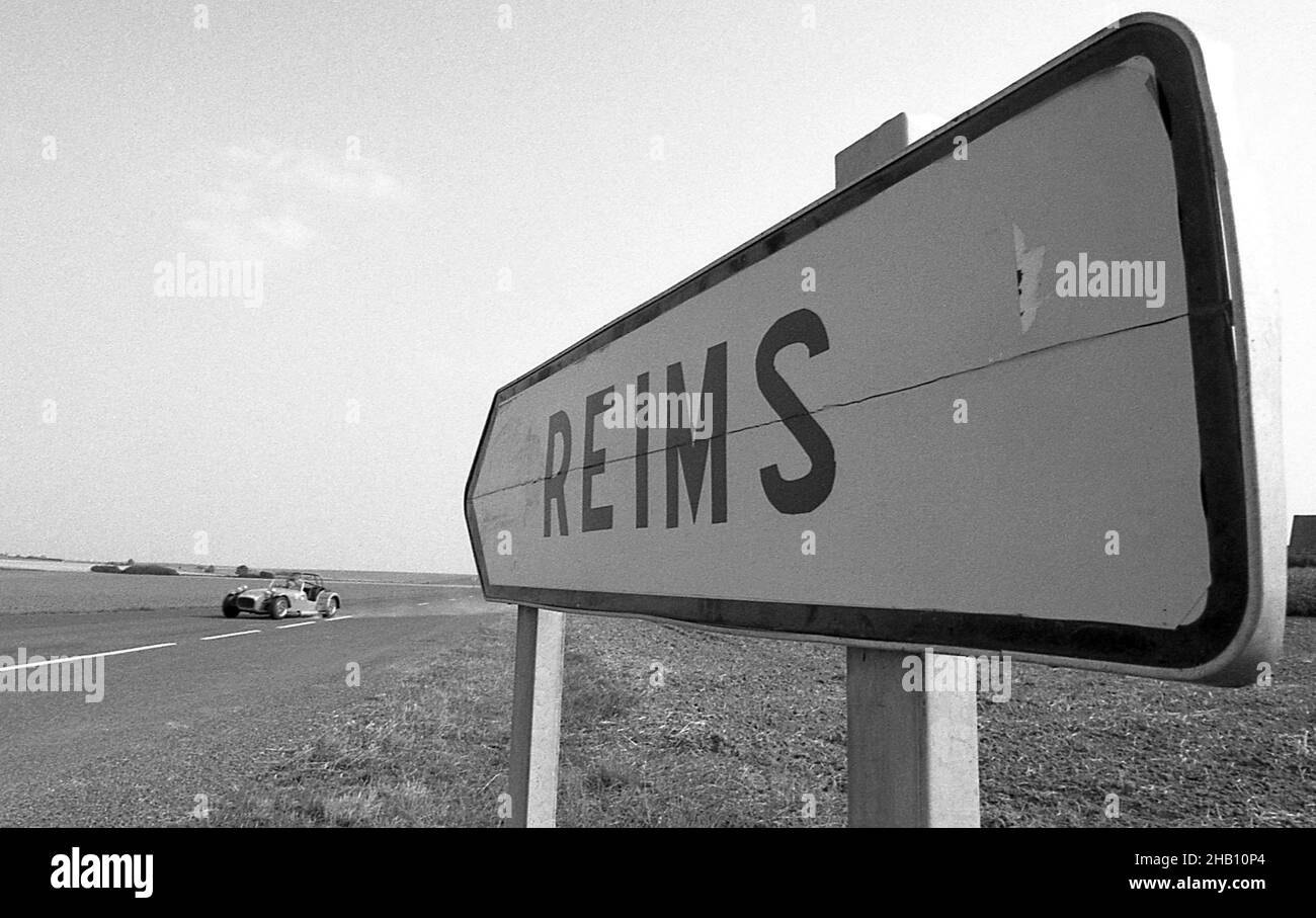 Chris Rea with his Caterham7 race car at the old Reims race track France September 1991 Stock Photo