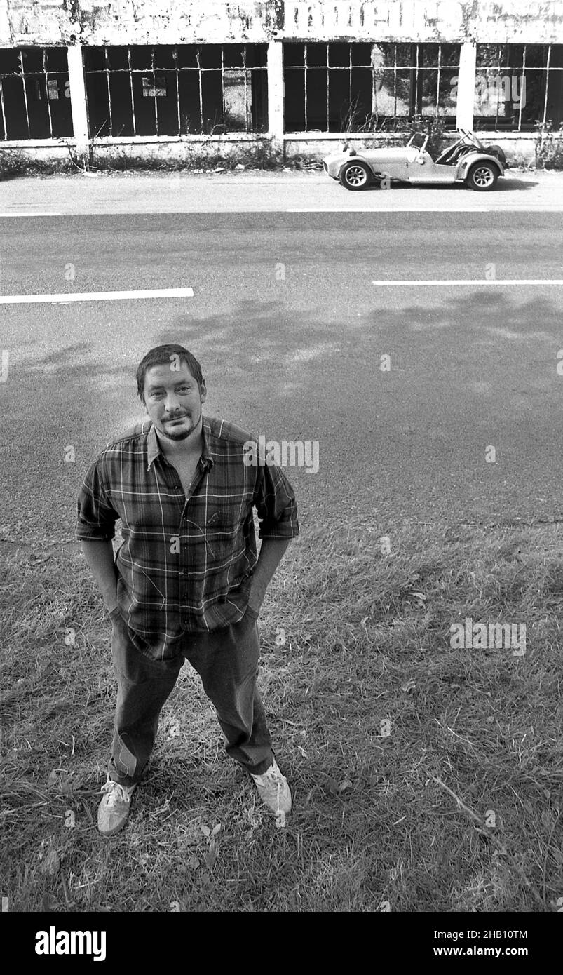 Chris Rea with his Caterham7 race car at the old Reims race track France September 1991 Stock Photo