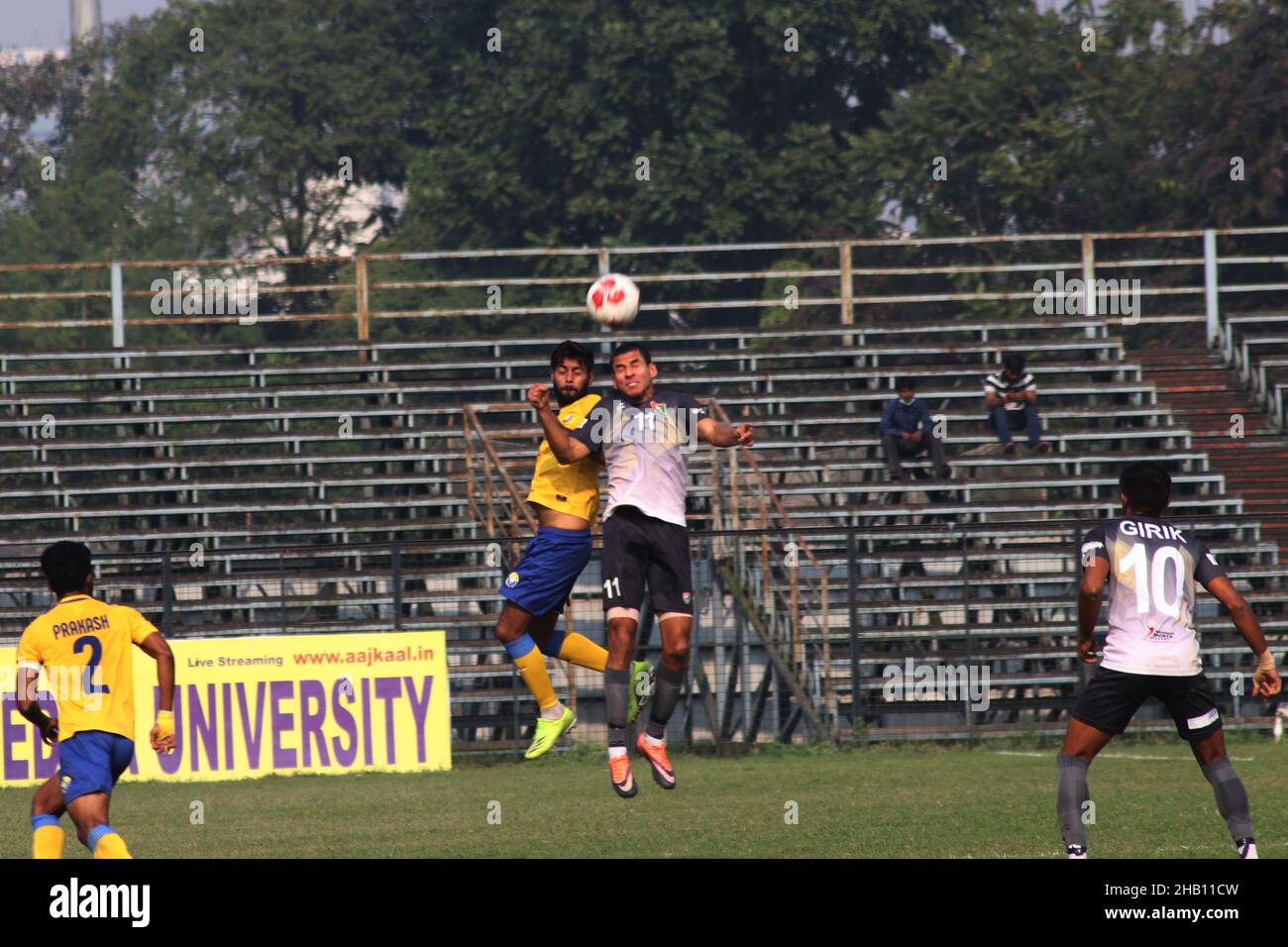 Real Kashmir FC and Sreendhi FC in the action during the 124th IFA Shield Soccer tournament at East Bengal Ground in Kolkata on December 15, 2021.Real Kashmir FC showed tremendous resilience to