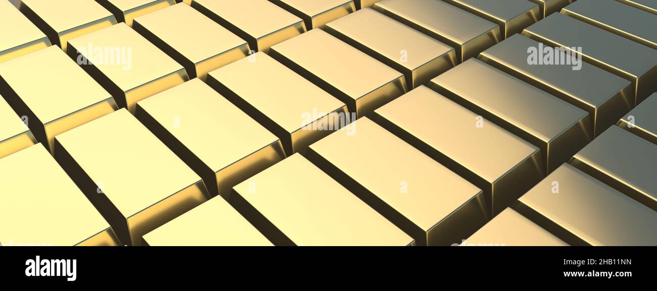 Fine gold bars background. Shiny bullions, golden ingots in bank vault ...