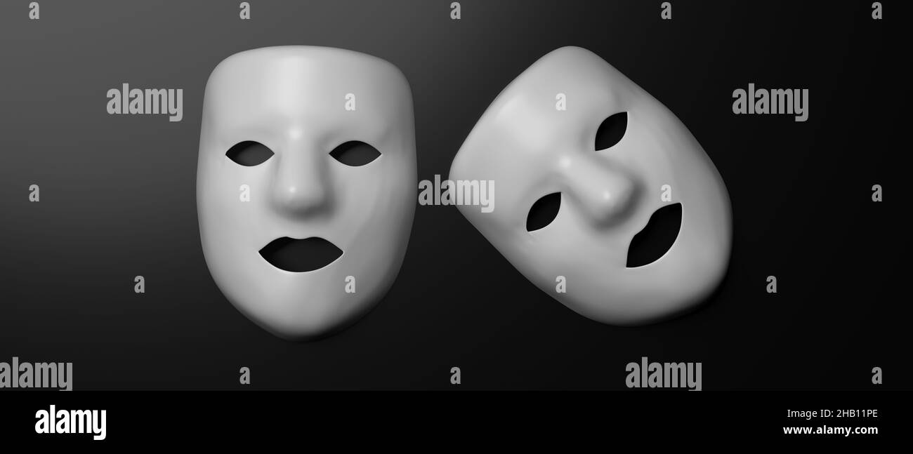 Theater disguise, human face masks. Two white ancient theatre masques on black background. Theatrical costume accessory for drama and comedy performan Stock Photo