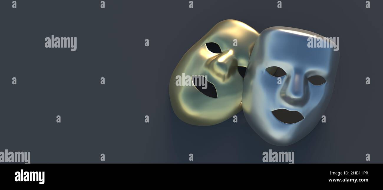 Ancient theatre masks gold and silver color, lack background. Theatrical masquerade for theater performance. Human face masque disguise. 3d illustrati Stock Photo