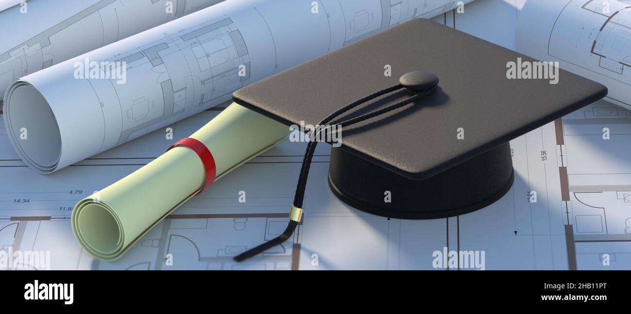 Engineer studies graduate. College diploma cap on construction project