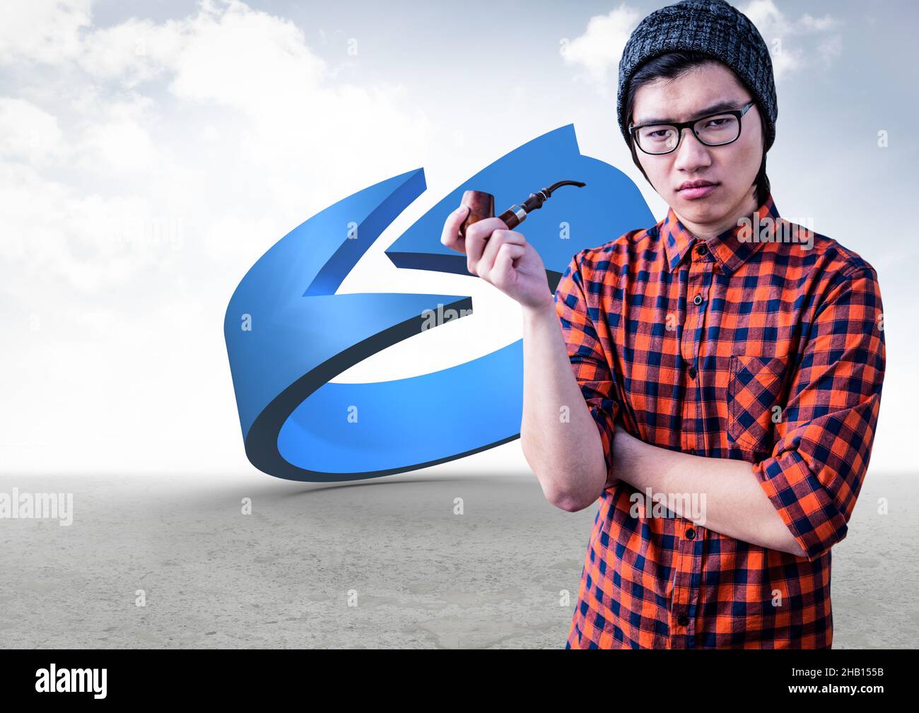Composite image of asian man holding a smoke pipe against blue arrow icon over blue sky Stock Photo