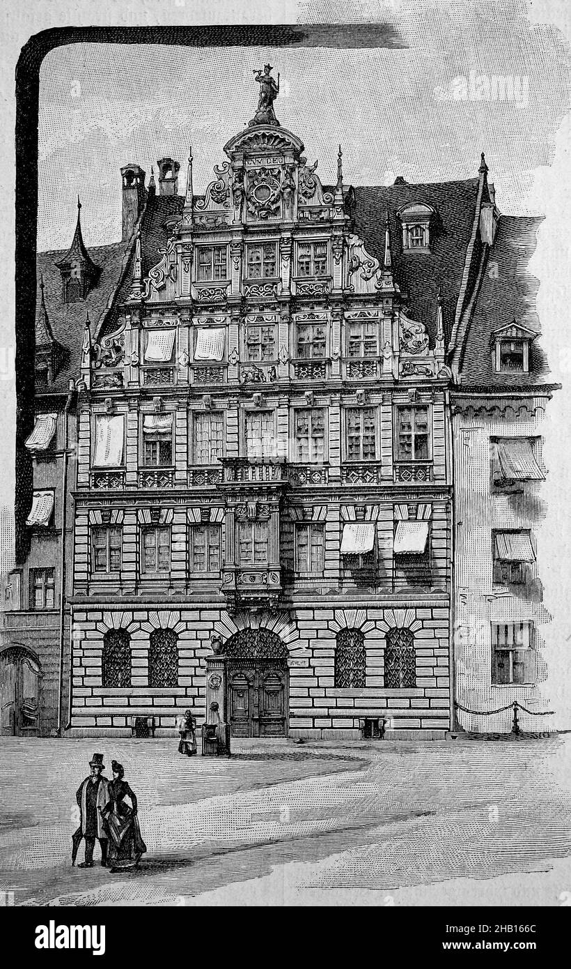 Facade of the historical Pellerhaus in Nuremberg, Bavaria, Germany, 1891, destroyed in 2.World War  /  Fassade des historischen Pellerhaus in Nürnberg, Bayern, Deutschland, 1891, zerstört in 2.Weltkrieg, Historisch, historical, digital improved reproduction of an original from the 19th century / digital restaurierte Reproduktion einer Originalvorlage aus dem 19. Jahrhundert, Originaldatum nicht bekannt Stock Photo