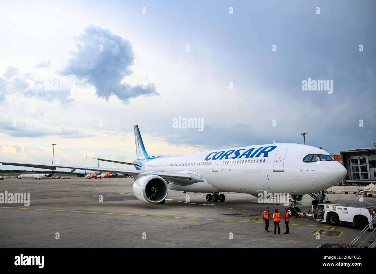 Colombier-Saugnieu, Lyon Saint Exupery Airport (central-eastern France): Corsair International Airbus A330neo, airliner parked on the tarmac before a Stock Photo