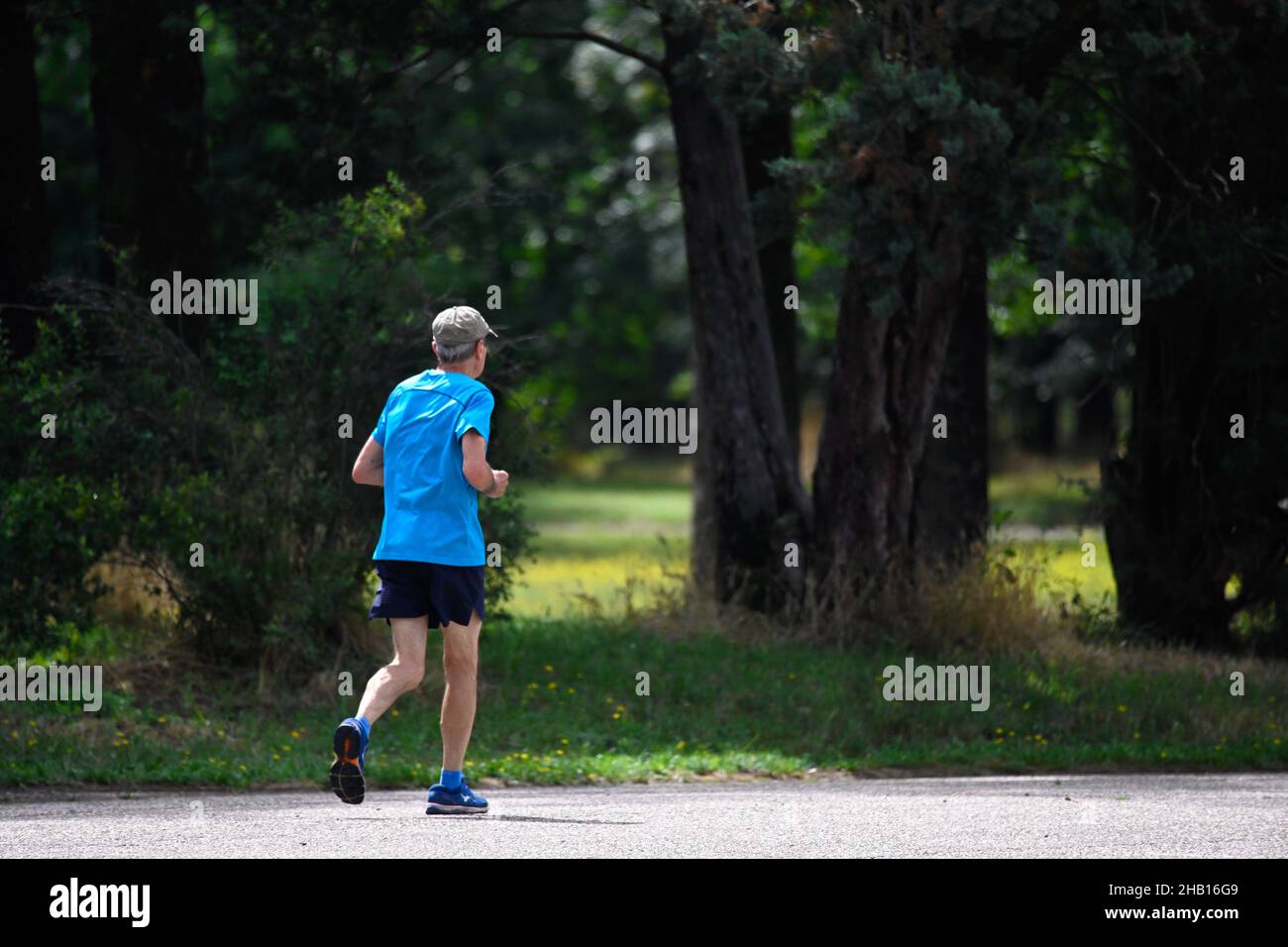 Bron and Venissieux, Metropolitan Park of Parilly (central-eastern France): jogger, retired man wearing shorts, a blue jersey and a cap running on a p Stock Photo