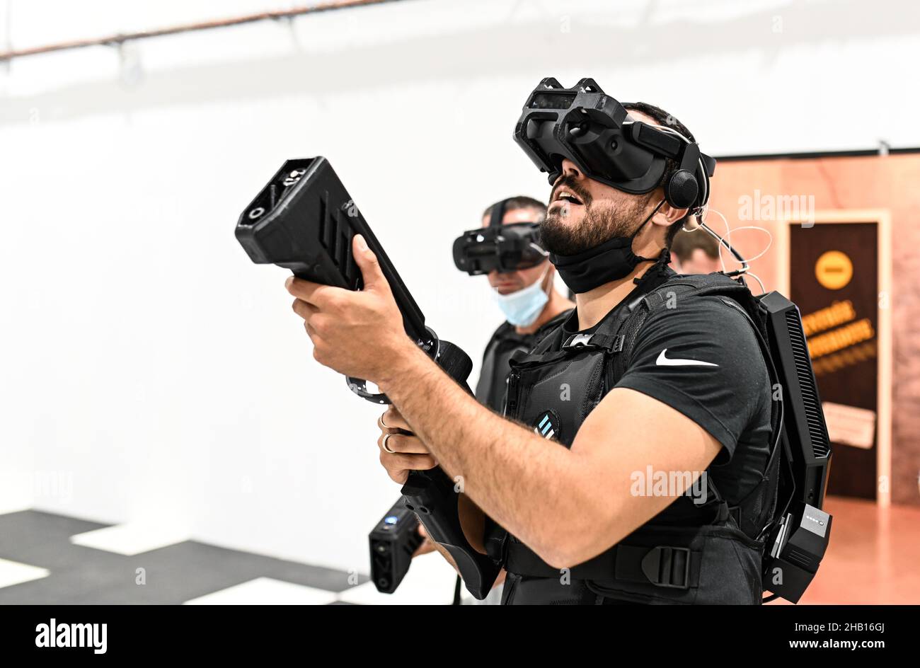 Activities in the business park “OL Vallee Arena” in Decines (central-eastern France): Vortex Experience VR, 'Zombies” mission,fully-immersive virtual Stock Photo