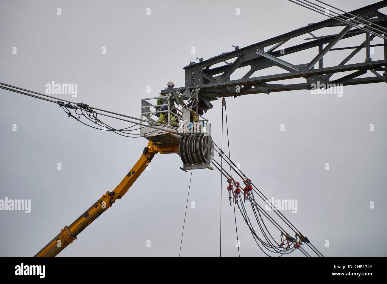 Henin-Beaumont (northern France), on September 30, 2021: building work, project to rebuild a 400 kV double electrical link over 30 km between Lille an Stock Photo