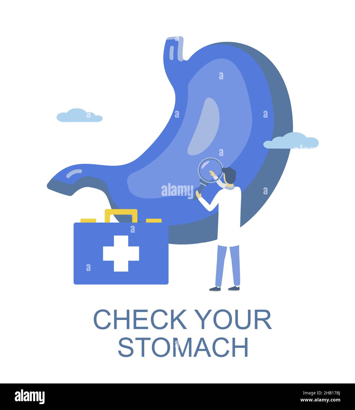 Stomach check up. Doctor examining human stomach pain, vector