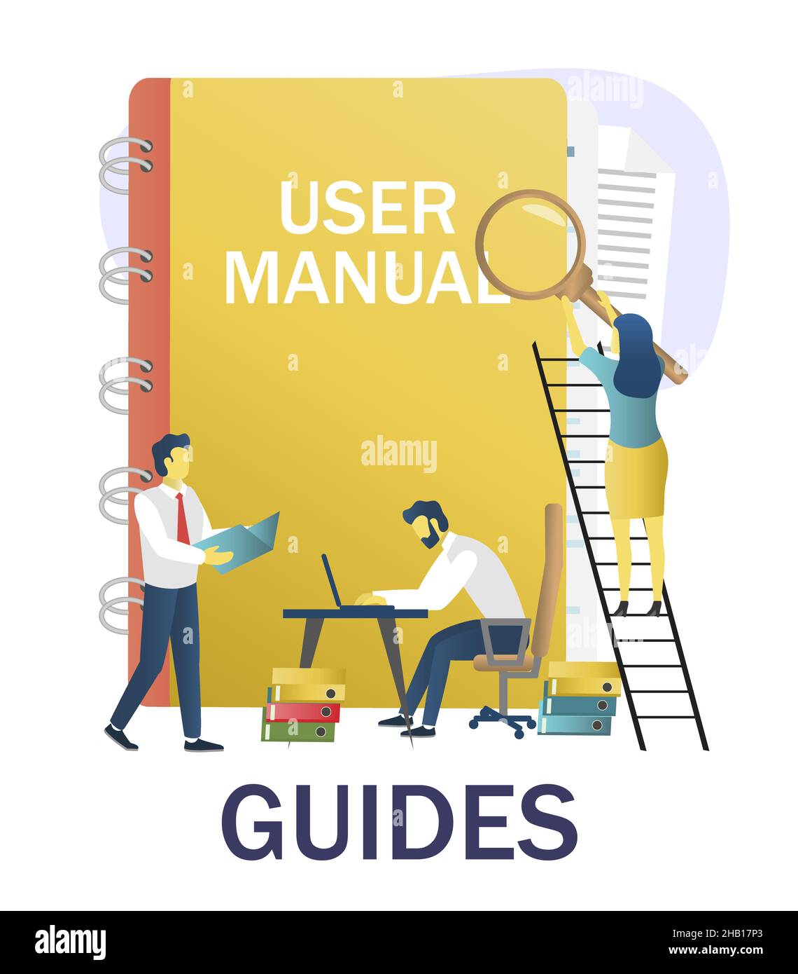 People reading guidebook, writing guidance, advices, instruction manual, vector illustration. User guide, user manual. Stock Vector