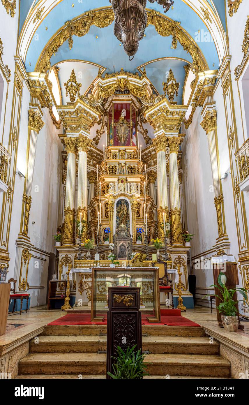 Golden altar inside the historic and famous church of Our Lord of Bomfim in Salvador, Bahia, Brazil Stock Photo