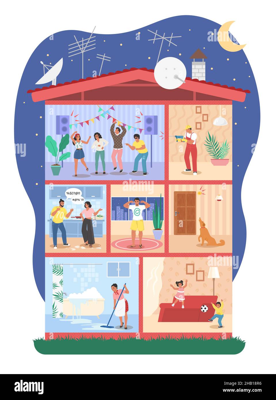 Multistorey apartment house with noisy neighbors dancing, screaming, drilling wall, playing loudly, vector illustration. Stock Vector