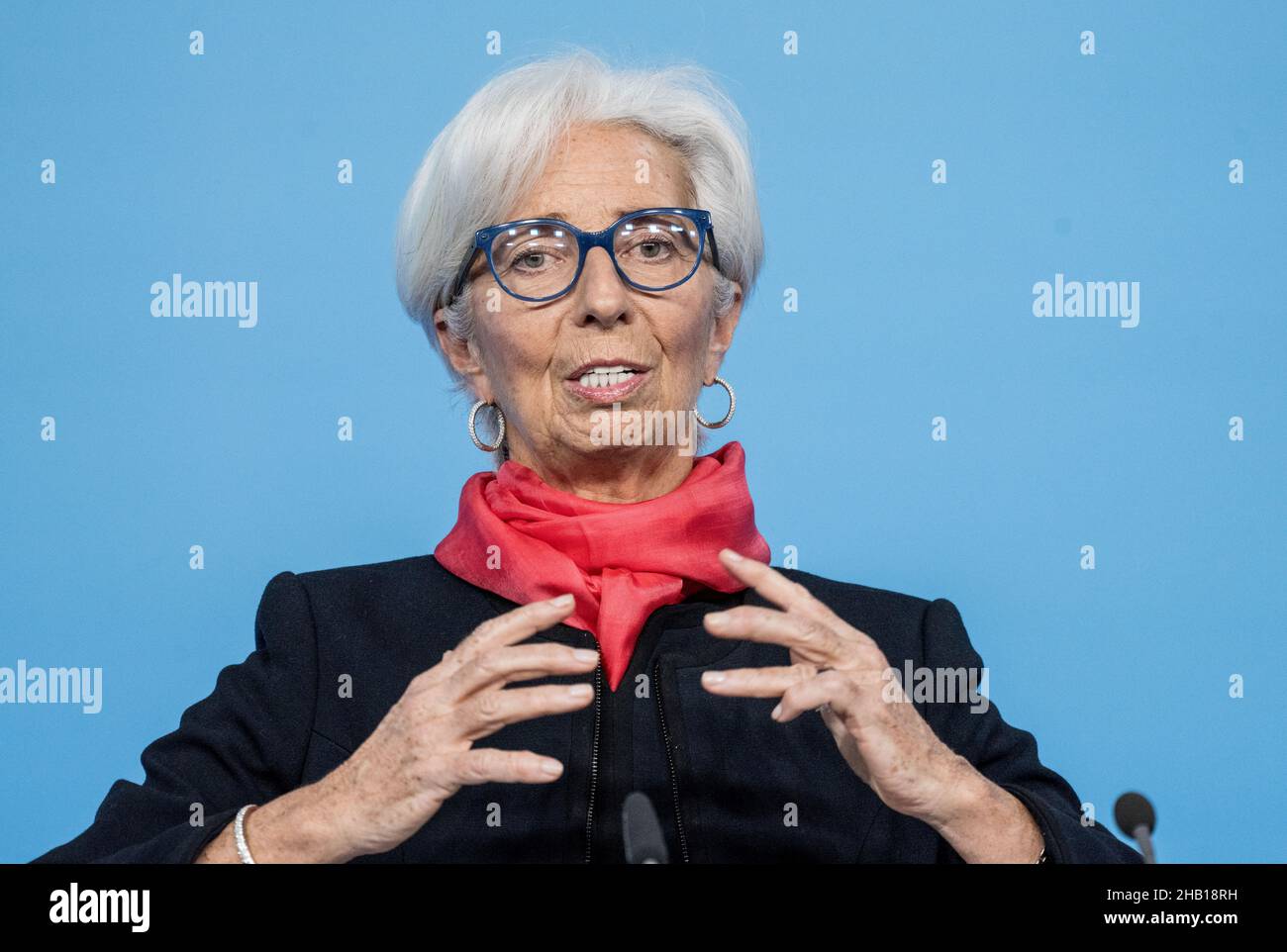 President of the European Central Bank (ECB) Christine Lagarde addresses a news conference, following a meeting of the governing council of the ECB on the eurozone monetary policy, in Frankfurt, western Germany, December 16, 2021. Thomas Lohnes/Pool via REUTERS Stock Photo
