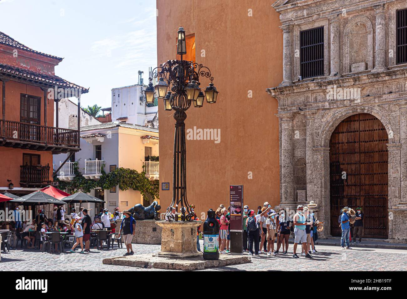 Tourists at Plaza de la Aduana, Cartagena de Indias, Colombia. Stock Photo
