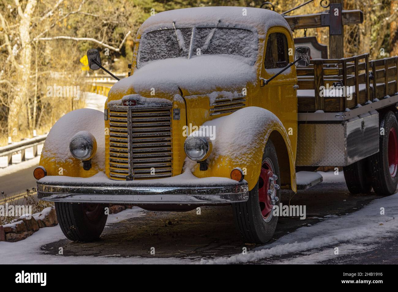 Cassic International Harverster truck on display near Sedona, Arizona, shown snow dusted. Stock Photo