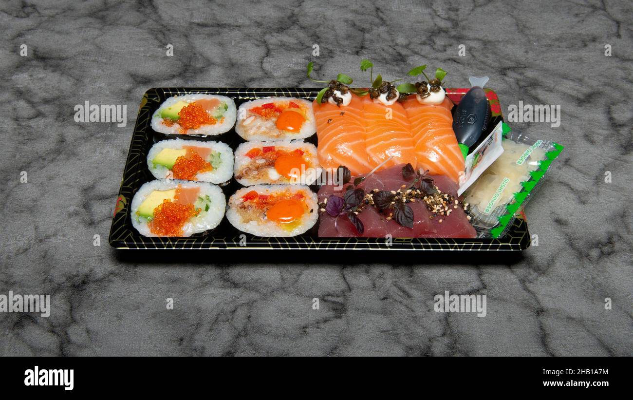 Seafood Sushi Box...Japanese, Thai, Chinese, Korean, Mongolian and Oriental food. Stock Photo