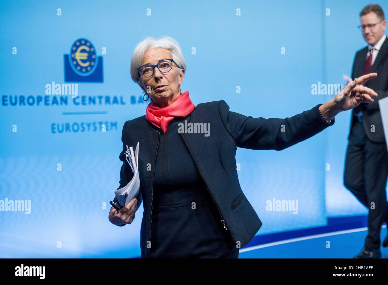 President of the European Central Bank (ECB) Christine Lagarde addresses a news conference, following a meeting of the governing council of the ECB on the eurozone monetary policy, in Frankfurt, western Germany, December 16, 2021. Thomas Lohnes/Pool via REUTERS Stock Photo