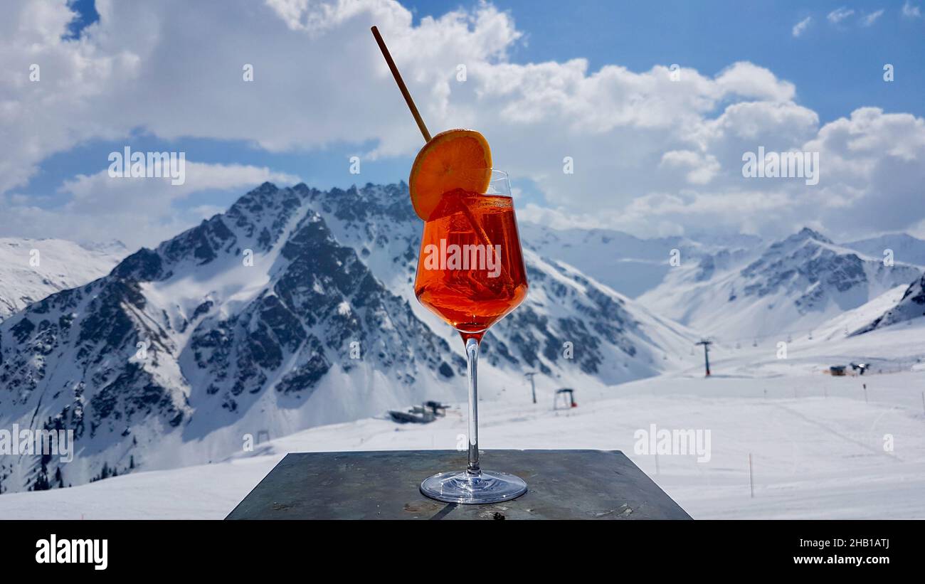 Apres-ski cocktail in skiing resort Gargellen, Montafon, Austria. Stock Photo
