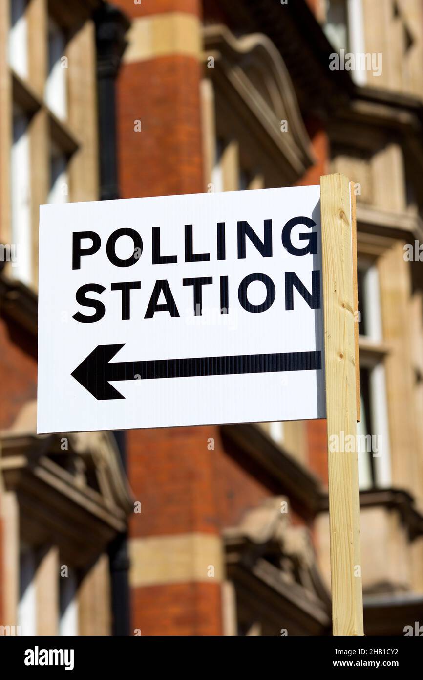 A sign of ‘Polling Station’, put up ahead of local elections is seen in central London. Stock Photo