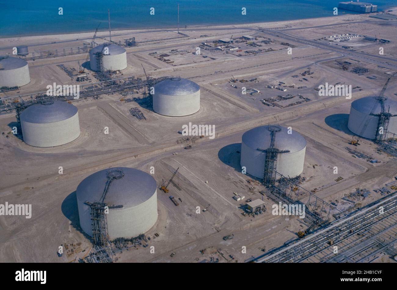 Oil industry in Ras Tanura area, Saudi Arabia,  offshore pier under construction 1979 Stock Photo