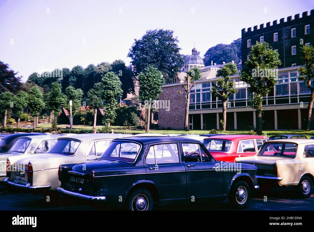 Cars parked in car park of County Hall, Matlock, Derbyshire, England, Uk in 1967 Stock Photo