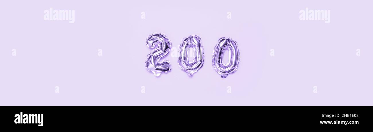 Foil Very peri color balloon number 200 on purple background. Decoration elements for banner, cover, birthday or anniversary party invitation design Stock Photo