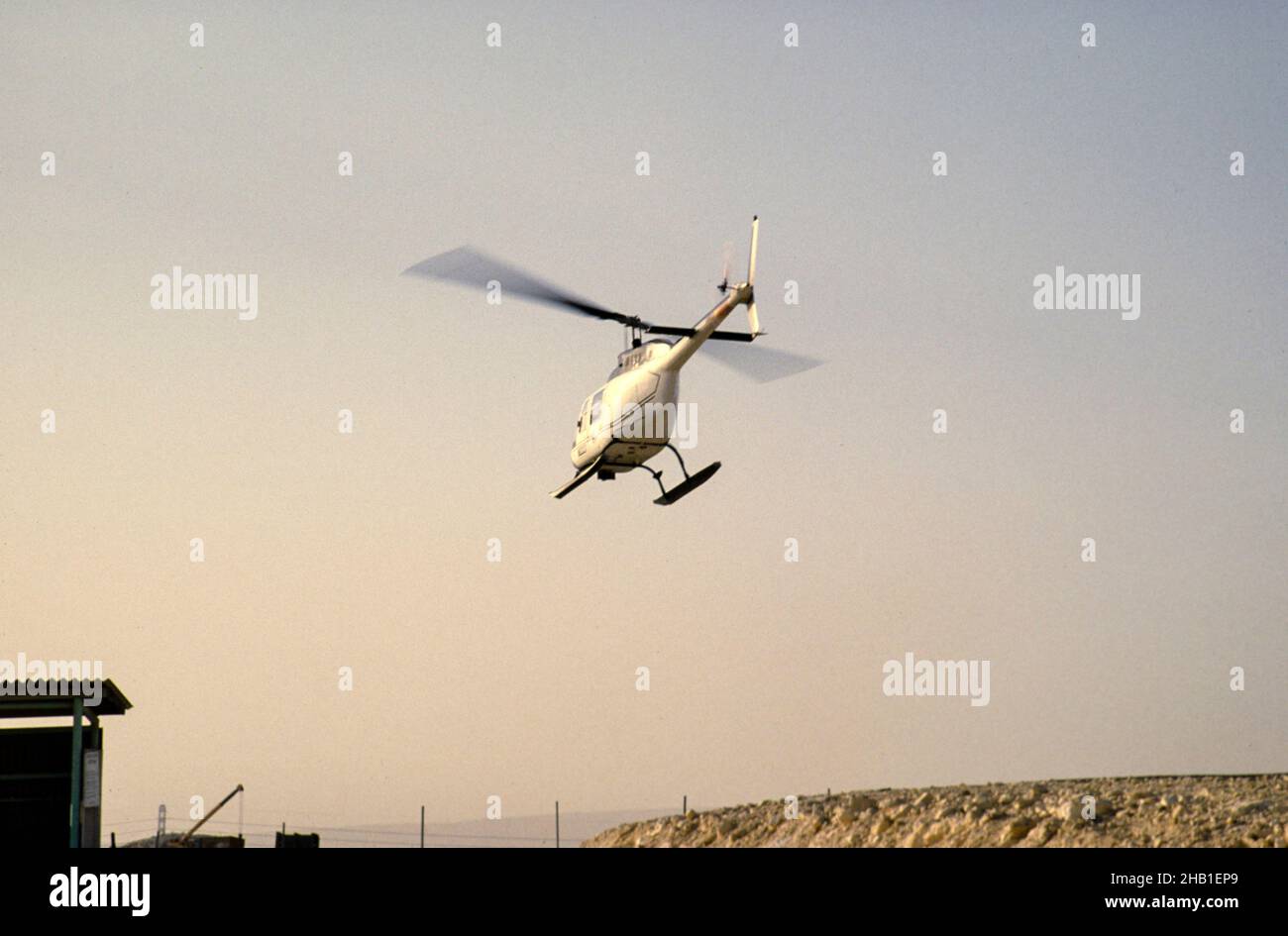 Oil industry in Ras Tanura area, Saudi Arabia, helicopter Bell 206 JetRanger 1979 Stock Photo