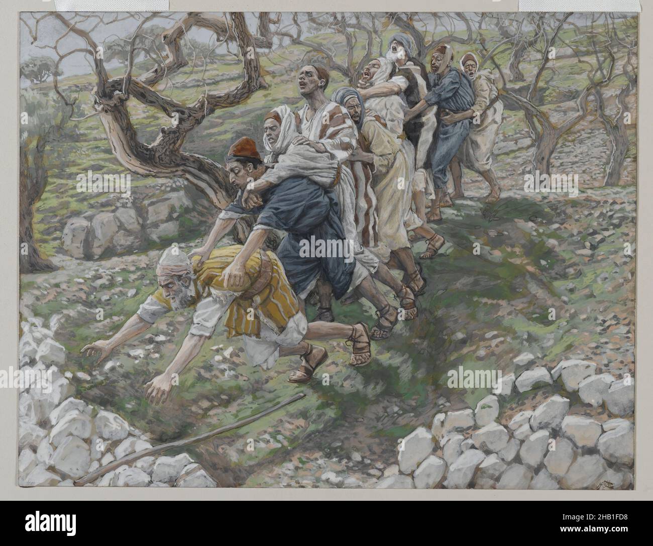 The Blind in the Ditch, Les aveugles dans le fossé, The Life of Our Lord Jesus Christ, La Vie de Notre-Seigneur Jésus-Christ, James Tissot, French, 1836-1902, Opaque watercolor over graphite on gray wove paper, France, 1886-1894, Image: 7 5/8 x 9 7/8 in., 19.4 x 25.1 cm, Bible, Bible story, blind, blind-leading-the-blind, Christian, ditch, faith, falling, figurative, figures, guerison, handicapped, healing, humiliation, Jerusalem, Jesus, landscape, lion, Matthew 15:14, New testament, perdition, robes, sadals, sight, single file, stone, the fall, the life of Christ, ungodly, watercolor, worship Stock Photo