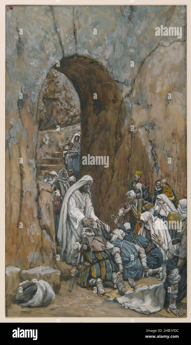 He Did No Miracles But He Healed Them, Il ne fit pas des miracles mais il guérit, The Life of Our Lord Jesus Christ, La Vie de Notre-Seigneur Jésus-Christ, James Tissot, French, 1836-1902, Opaque watercolor over graphite on gray wove paper, France, 1886-1896, Image: 9 1/2 x 5 1/2 in., 24.1 x 14 cm, arch, Bible, Bible story, Christ, Christian, faith, figures, French, French painter, guerison, handicapped, Jesus, Male, Man, Mark 6:1-16, miracles, New testament, Religion, Religious, robes, Spirit, stone, Tissot Stock Photo