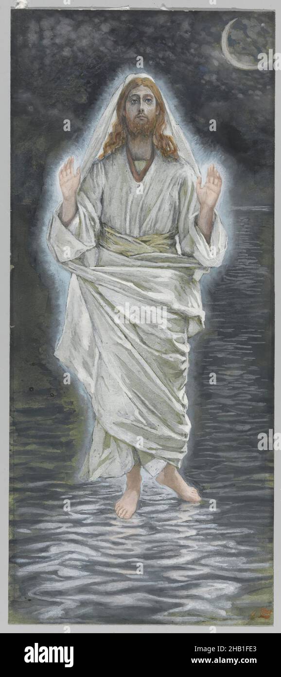 Jesus Walks on the Sea, Jésus marche sur la mer, The Life of Our Lord Jesus Christ, La Vie de Notre-Seigneur Jésus-Christ, James Tissot, French, 1836-1902, Opaque watercolor over graphite on green wove paper, France, 1886-1894, Image: 11 3/16 x 4 13/16 in., 28.4 x 12.2 cm, Bible, Biblical, Christ, Christianity, faith, French, French artist, glow, Jesus, Jesus Christ, mer, Messiah, miracle, moon, New Testament, religion, religious, Tissot, walk on water, water, watercolor Stock Photo