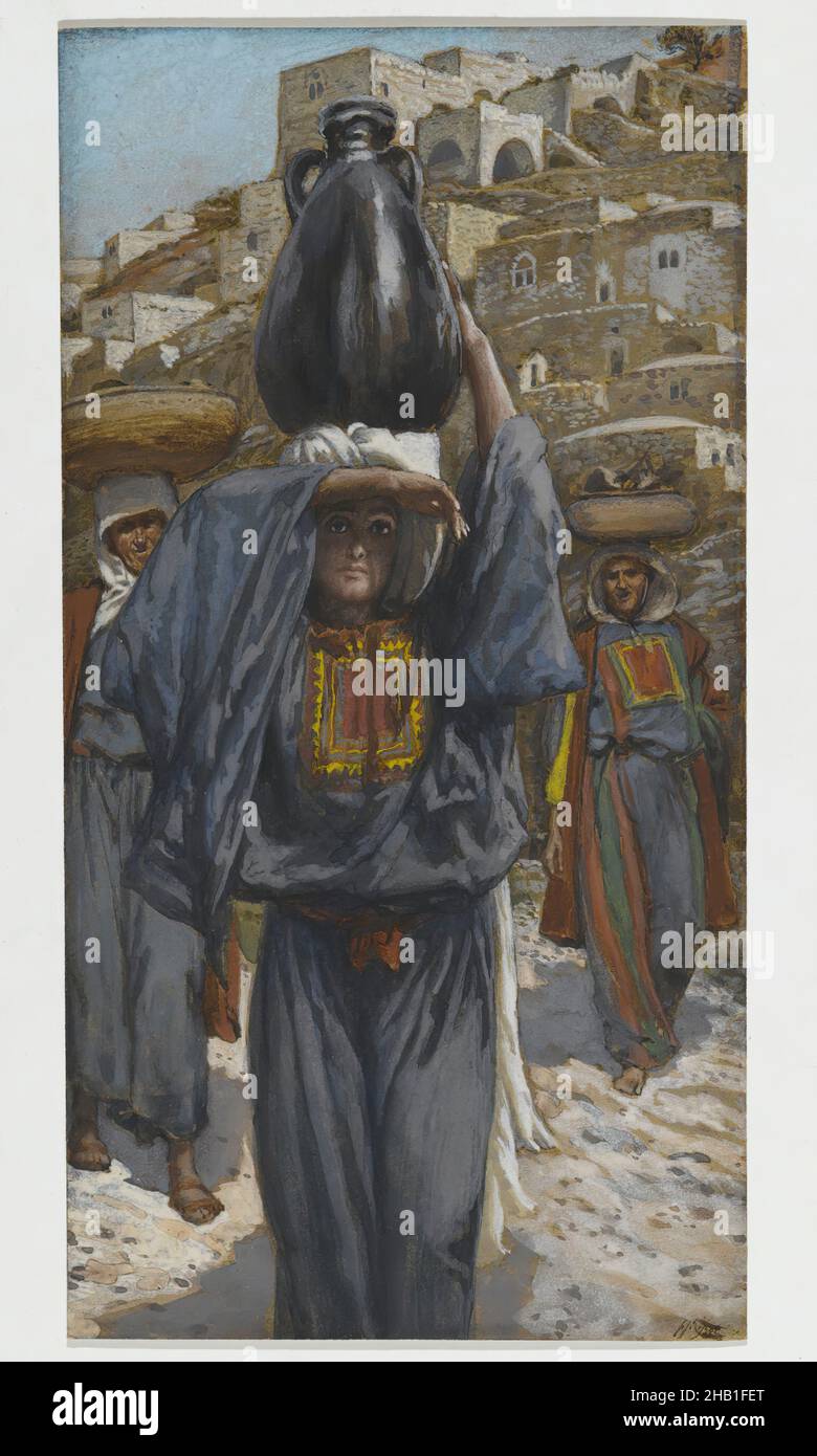 Martha, Marthe, The Life of Our Lord Jesus Christ, La Vie de Notre-Seigneur Jésus-Christ, James Tissot, French, 1836-1902, Opaque watercolor over graphite on gray wove paper, France, 1886-1894, Image: 8 9/16 x 4 7/16 in., 21.7 x 11.3 cm, amphora, Christianity, city, cityscape, east, houses, Martha, middle, religious, shadow, Tissot, turban, urn, water, watercolor, women Stock Photo