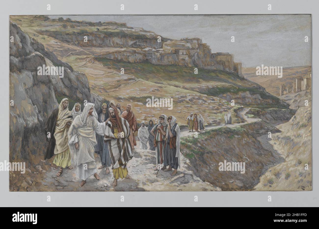 Jesus Discourses with His Disciples, Jésus s'entretient avec ses disciples, The Life of Our Lord Jesus Christ, La Vie de Notre-Seigneur Jésus-Christ, James Tissot, French, 1836-1902, Opaque watercolor over graphite on gray wove paper, France, 1886-1896, Image: 6 13/16 x 11 11/16 in., 17.3 x 29.7 cm, Bible, Biblical, Catholicism, Christ, Christianity, French, James Tissot, Jesus and his Disciples, Jesus Christ, mountain, New Testament, path, Portfolio Series, Religion, Religious, teach, Tissot, Watercolor Stock Photo