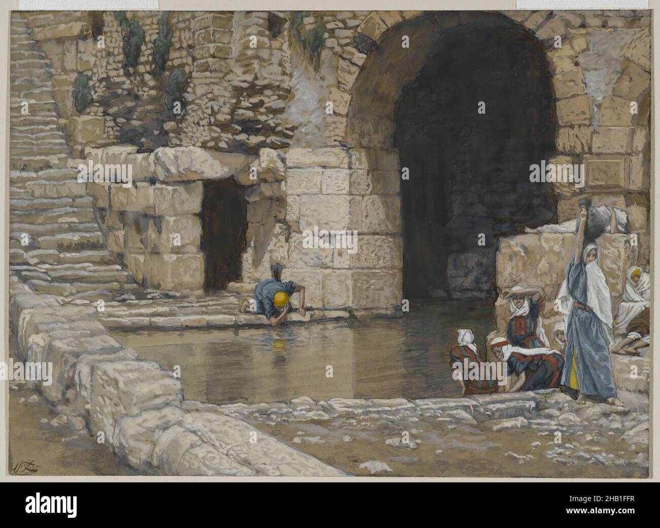 The Blind Man Washes in the Pool of Siloam, Le aveugle-né se lave à la piscine de Siloë, The Life of Our Lord Jesus Christ, La Vie de Notre-Seigneur Jésus-Christ, James Tissot, French, 1836-1902, Opaque watercolor over graphite on gray wove paper, France, 1886-1894, Image: 5 9/16 x 7 11/16 in., 14.1 x 19.5 cm, arch, Bible, Biblical, building, Catholicism, Christ, Christianity, French, Jesus, John 9:7, New Testament, Opaque watercolor over graphite on gray wove paper, pool, Pool of Siloam, Religion, Religious, stone structure, urn, vessel, water Stock Photo