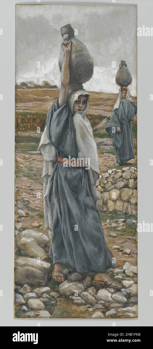 The Holy Virgin in Her Youth, La sainte vierge jeune, The Life of Our Lord Jesus Christ, La Vie de Notre-Seigneur Jésus-Christ, James Tissot, French, 1836-1902, Opaque watercolor over graphite on gray wove paper, France, 1886-1894, Image: 8 5/8 x 3 3/8 in., 21.9 x 8.6 cm, apocrypha, balance, blue, faith, grey, Holy Virgin, jug, Mary, rock, rocks, rugged, Tissot, urn, virtuous, water, watercolor, youth Stock Photo