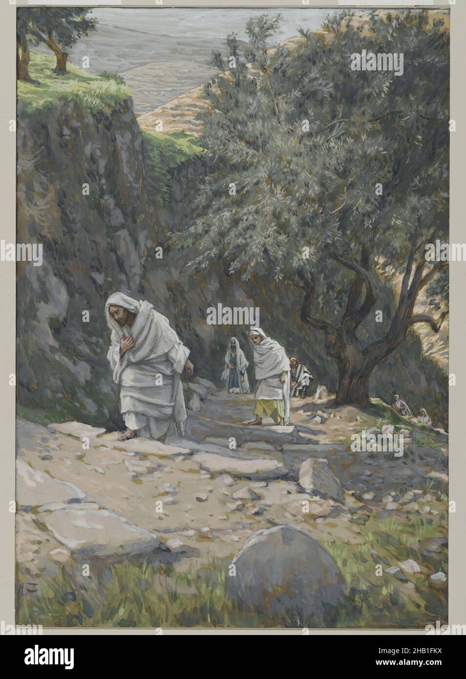 He Went on His Way to Ephraim, Il s'en alla à Ephrem, The Life of Our Lord Jesus Christ, La Vie de Notre-Seigneur Jésus-Christ, James Tissot, French, 1836-1902, Opaque watercolor over graphite on gray wove paper, France, 1886-1896, Image: 8 3/4 x 6 1/16 in., 22.2 x 15.4 cm, Bible, Biblical, Catholicism, Christ, Christianity, figures, French, Jesus, John 11:54, New Testament, people, Religion, Religious, trees Stock Photo