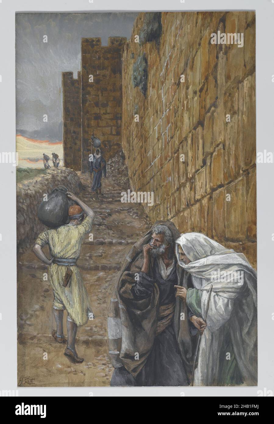 The Man Bearing a Pitcher, L'homme à la cruche, The Life of Our Lord Jesus Christ, La Vie de Notre-Seigneur Jésus-Christ, James Tissot, French, 1836-1902, Opaque watercolor over graphite on gray wove paper, France, 1886-1894, Image: 9 7/8 x 6 5/16 in., 25.1 x 16 cm, city wall, doubt, figures, French, French artist, Jerusalem, Jesus, John, Luke 22:10, Mark 14:12-17, miracle, passover, Peter, pitcher, religious, religious art, stairs, stone, street scene, towers, twilight, water vessel, watercolor, wine vessel, work on paper Stock Photo