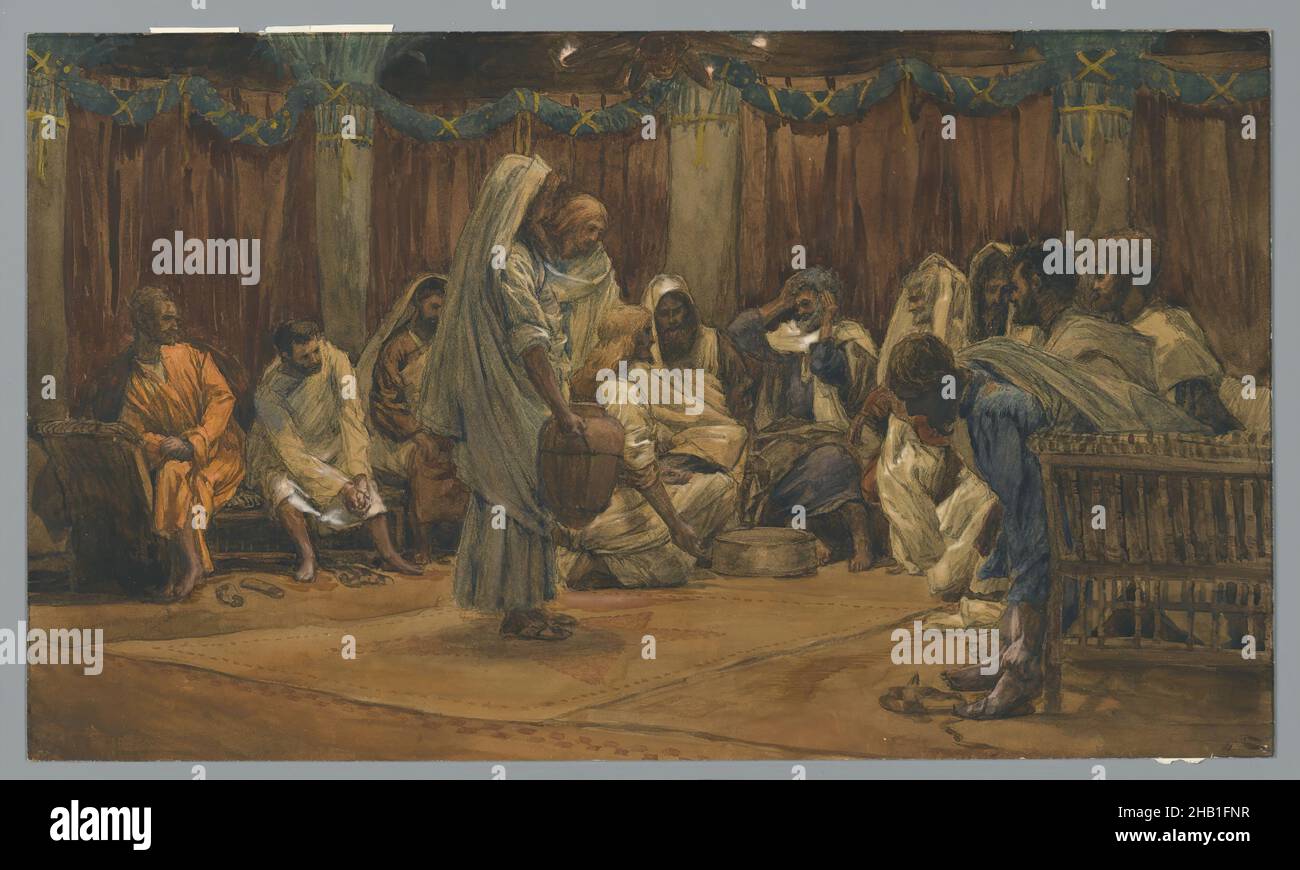 The Washing of the Feet, Le lavement des pieds, The Life of Our Lord Jesus Christ, La Vie de Notre-Seigneur Jésus-Christ, James Tissot, French, 1836-1902, Opaque watercolor over graphite on gray wove paper, France, 1886-1894, Image: 9 3/4 x 16 11/16 in., 24.8 x 42.4 cm, Apostles, Bible, Biblical, Catholicism, Christianity, Disciples, John 13:4-11, Last Supper, Magdalene, Messiah, Religion, Religious, religious art, ritual, Stations of the Cross Stock Photo