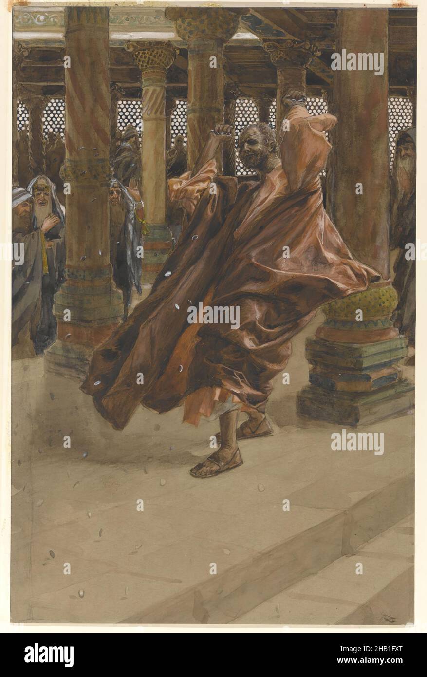 Judas Returns the Money, Judas rend l'argent, The Life of Our Lord Jesus Christ, La Vie de Notre-Seigneur Jésus-Christ, James Tissot, French, 1836-1902, Opaque watercolor over graphite on gray wove paper, France, 1886-1894, Image: 11 13/16 x 7 3/4 in., 30 x 19.7 cm, action, beard, Christianity, coin, coins, column, columns, dynamic, dynamism, French, French artist, guilt, Jesus Christ, Judas, male figure, Matthew 27:3-8, regret, religious, religious art, repent, robe, robes, sorrow, temple, Tissot, traditor Stock Photo